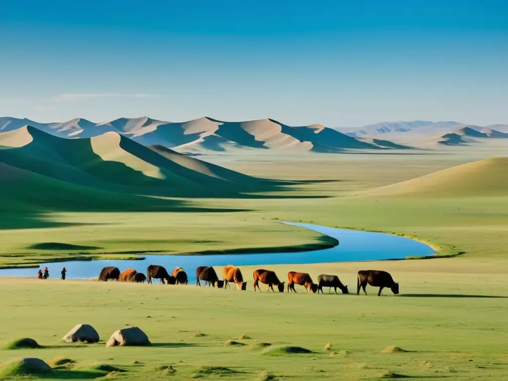 Un vasto paisaje mongol con pastizales, colinas y pastores nómadas