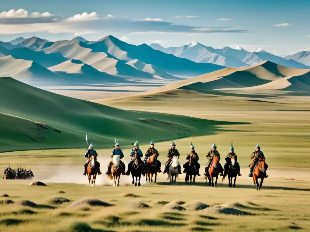 Vasto paisaje mongol con soldados a caballo, demostrando desafíos de recursos sostenibles ejército mongol en terreno desafiante