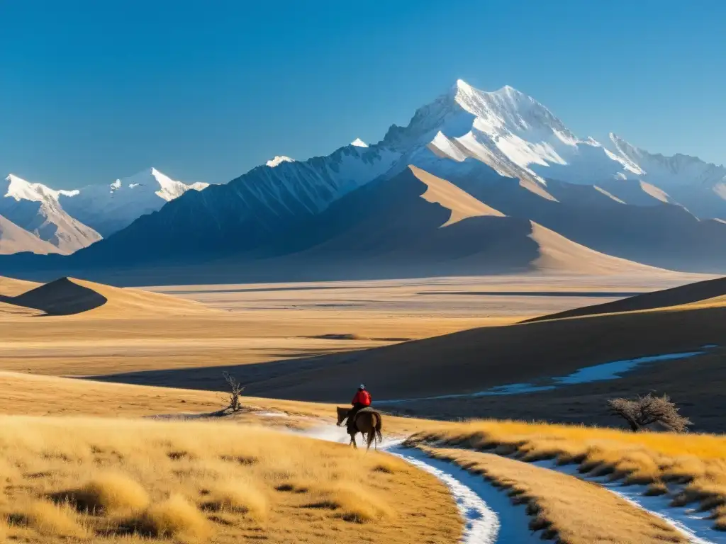 Un vasto paisaje de estepa mongol, con un nómada solitario a caballo contemplando la inmensidad