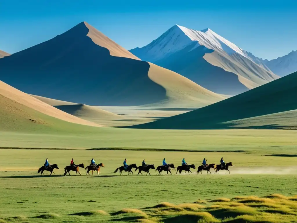 Un vasto paisaje de estepa mongol con nómadas a caballo y yurtas, bajo un cielo azul