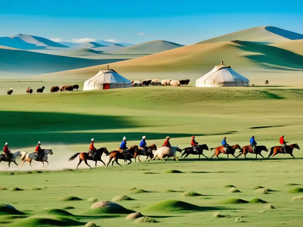 Un vasto paisaje de estepa con pastores mongoles en caballo y un rebaño de ovejas