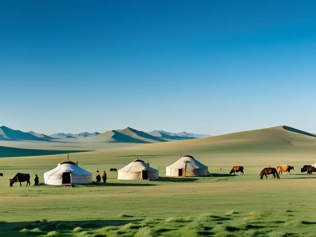 Un vasto paisaje de la estepa mongola con pastores nómadas y una yurta tradicional, evocando la historia y la tradición del pueblo mongol