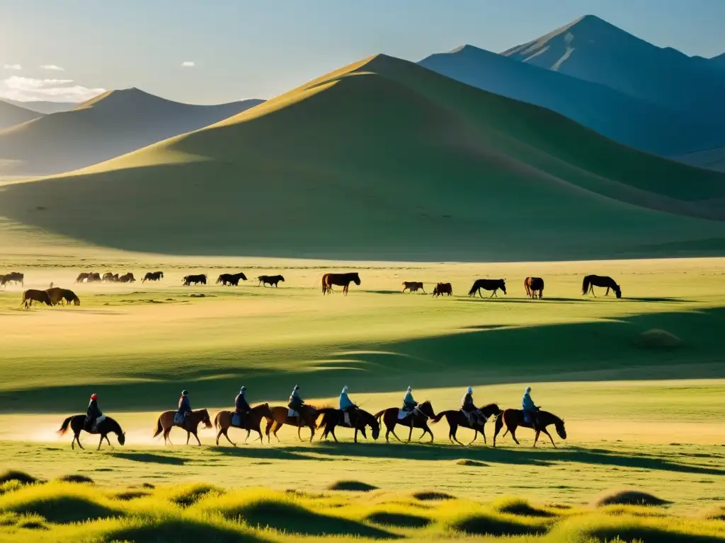 Un vasto paisaje de praderas se extiende hasta el horizonte, salpicado de pequeños grupos de caballos pastando pacíficamente