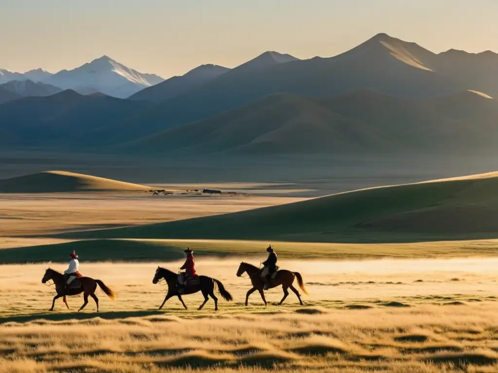 Un vasto paisaje de la estepa mongola, con tradicionales gers y jinetes a caballo, evocando el legado del Imperio Mongol