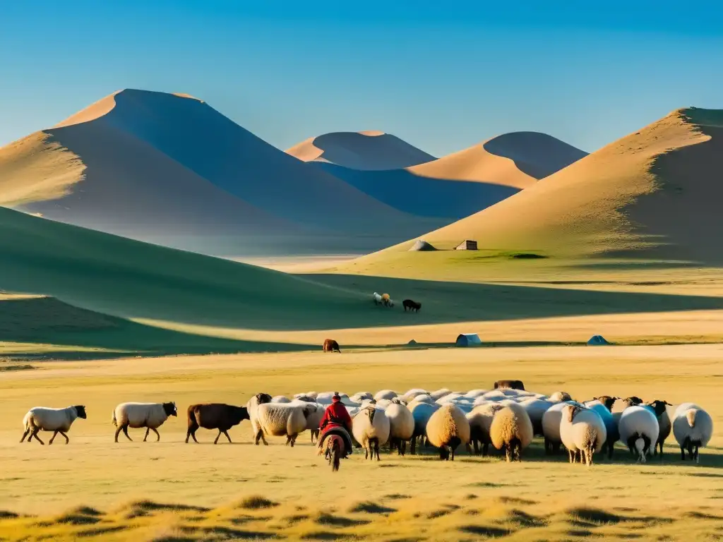 Un vasto paisaje de estepa mongol con yurtas tradicionales, un pastor nómada con su rebaño, y reliquias antiguas