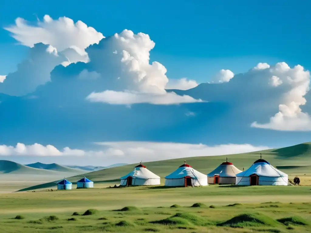 Vasto paisaje de la estepa mongol, con yurtas nómadas, jinetes y la belleza ancestral del Imperio Mongol