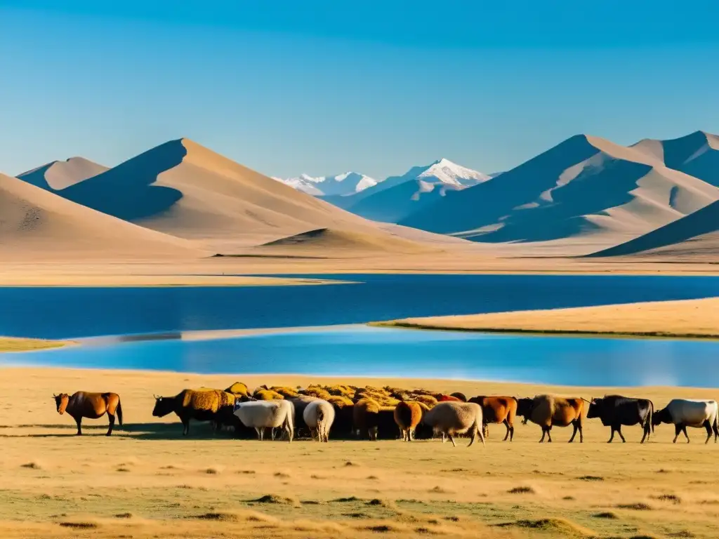Un vasto paisaje de la estepa mongola, con yurtas nómadas, pastoreo de animales y herders vestidos con trajes tradicionales