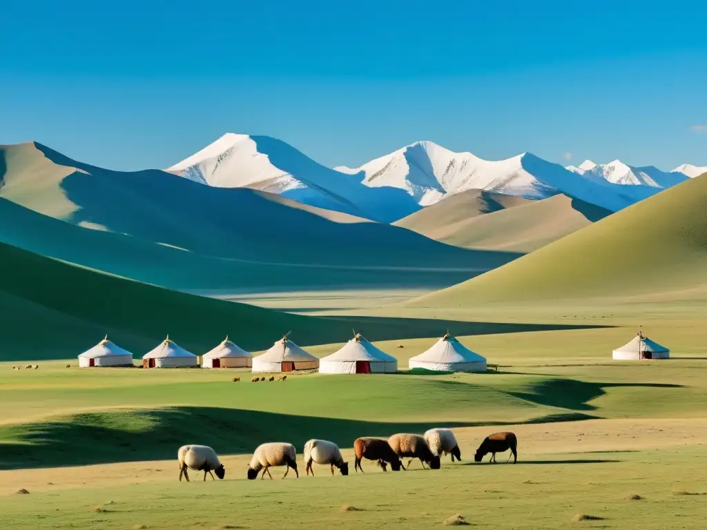 Vasto paisaje de la estepa mongol, con yurtas tradicionales, pastoreo de ovejas y caballos majestuosos