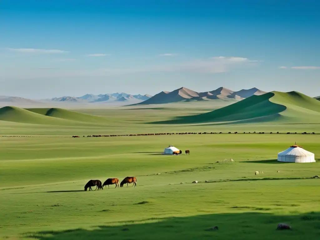 Un vasto panorama de la estepa mongol, con yurta solitaria y caballos pastando