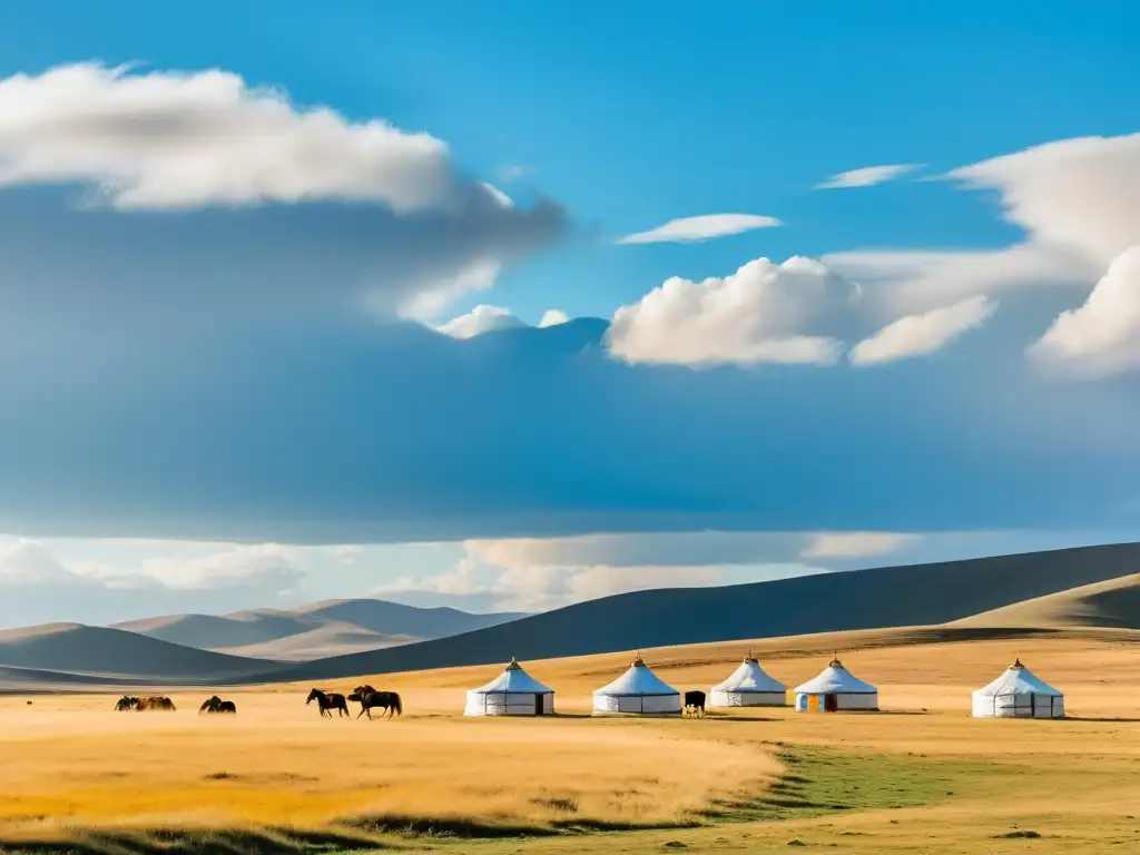 Guerreros mongoles cabalgando en la estepa Vastos paisajes de la estepa mongol, guerreros a caballo y yurtas nómadas