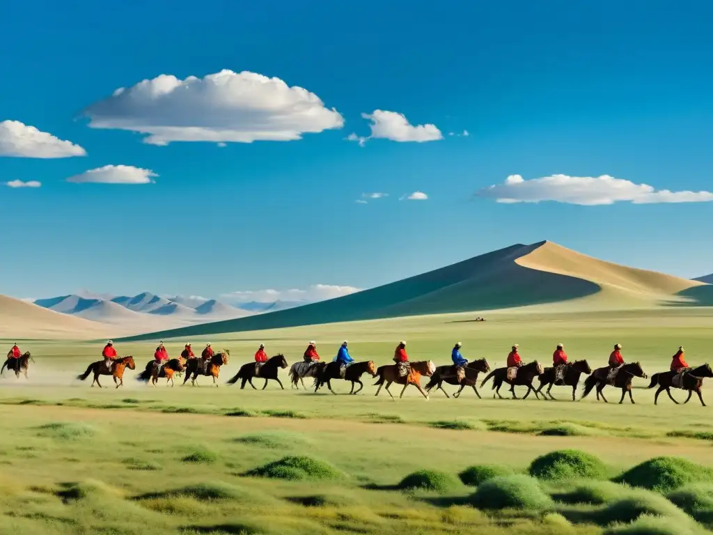 Vastos paisajes de la estepa mongol con jinetes a caballo yurtas nómadas