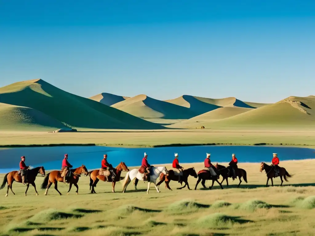 Vastos paisajes de la estepa mongola con jinetes y yurtas, reflejando la vida nómada del Imperio Mongol