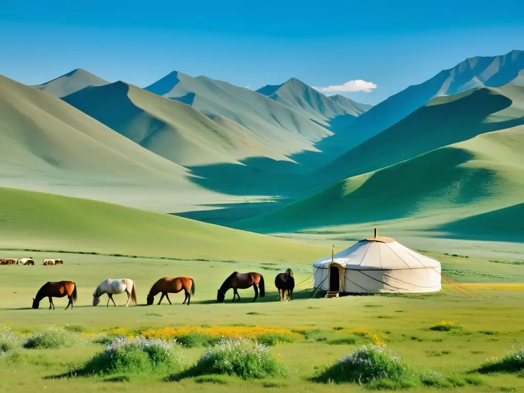 Verde pradera mongola con yurta y montañas Altai al fondo, evocando la vida nómada y sabiduría ancestral mongólica