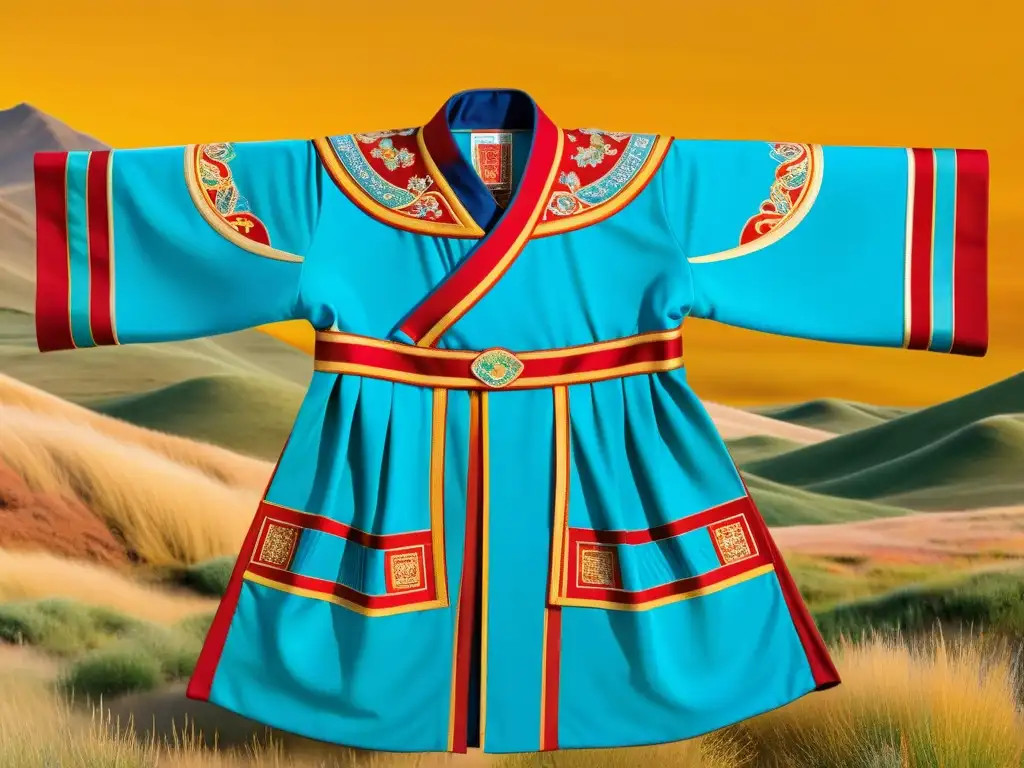 Vestimenta mongola con colores vibrantes y simbolismo cultural detallado en la estepa dorada de Mongolia