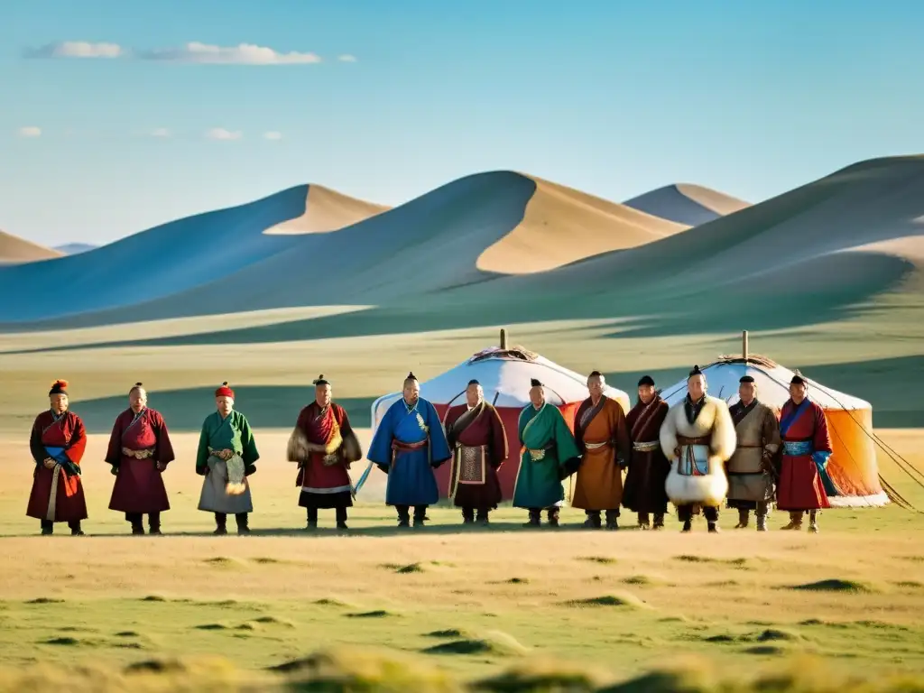 Vestimenta nómada en estepas mongolas: Grupo de nómadas mongoles en atuendos tradicionales, en la vasta estepa bajo el cielo claro y brillante