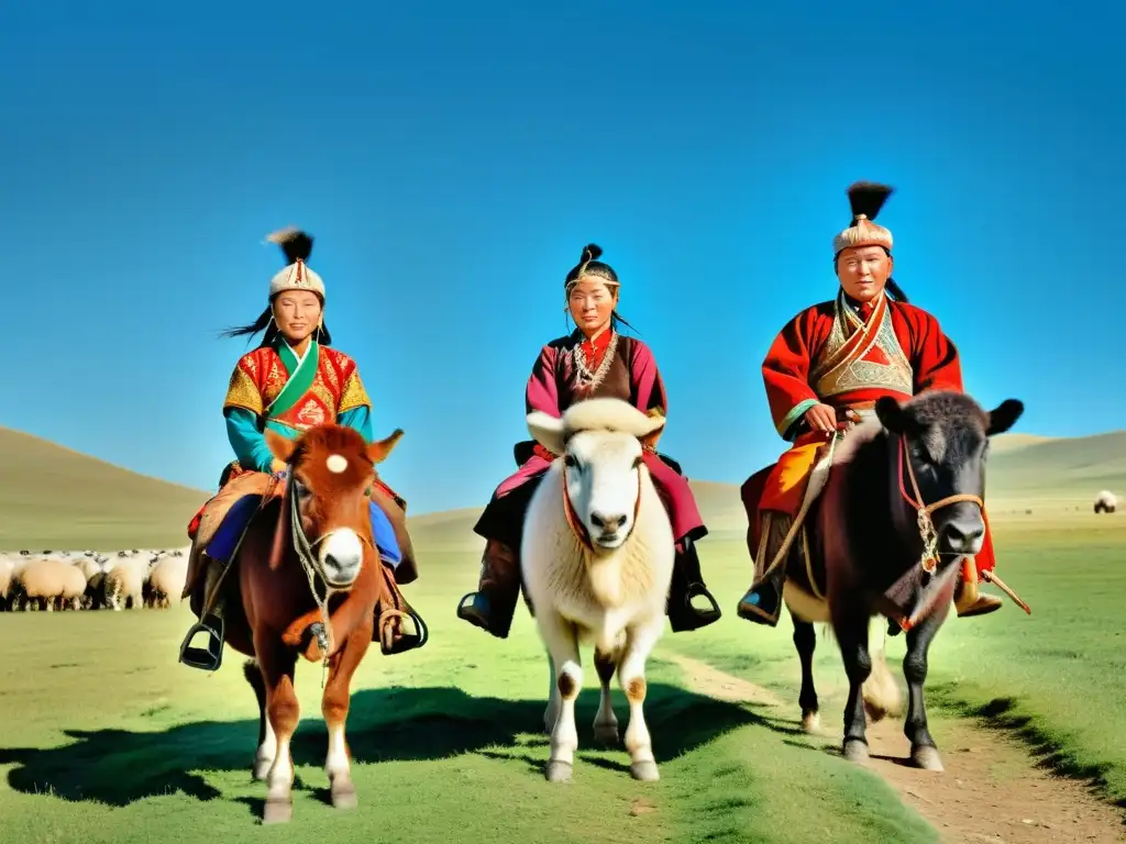 Vestimenta nómada en estepas mongolas: Grupo de nómadas mongolas cabalgando en deels tradicionales, rodeados de ganado en las vastas estepas