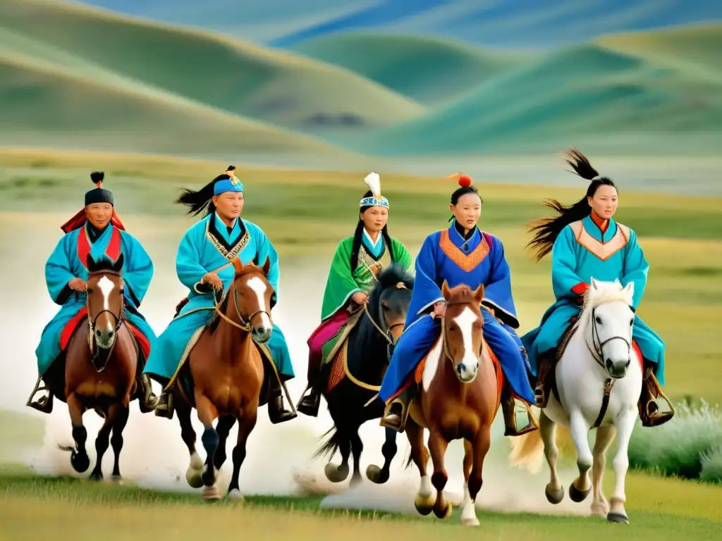 Vestimenta nómada Imperio Mongol: Grupo de jinetes nómadas mongoles cabalgando entre la vasta y majestuosa estepa, acompañados por un águila