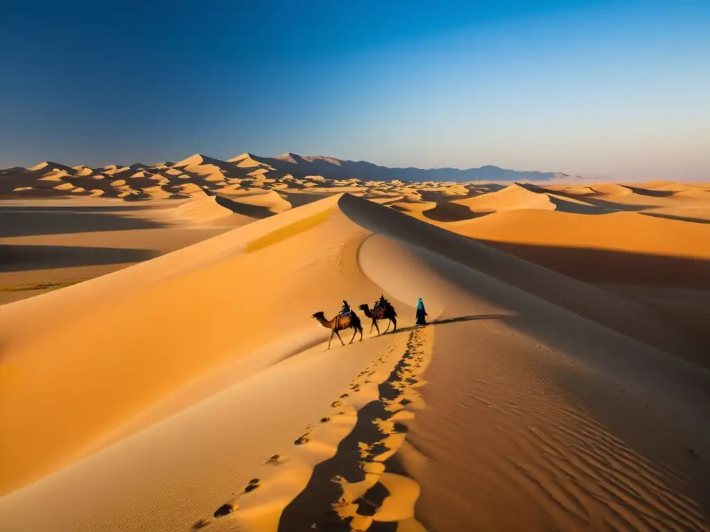 Un viaje épico en el desierto: avances mongoles en desierto expansivo, un horizonte dorado y una figura solitaria contra el cielo azul