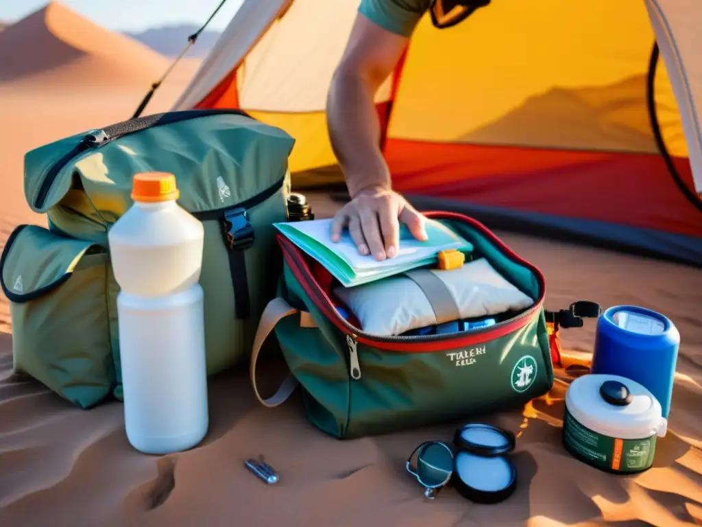 Preparativos para expedición en el desierto: empacando lo esencial Un viajero prepara sus elementos esenciales para una expedición en el desierto del Gobi, mostrando determinación y emoción
