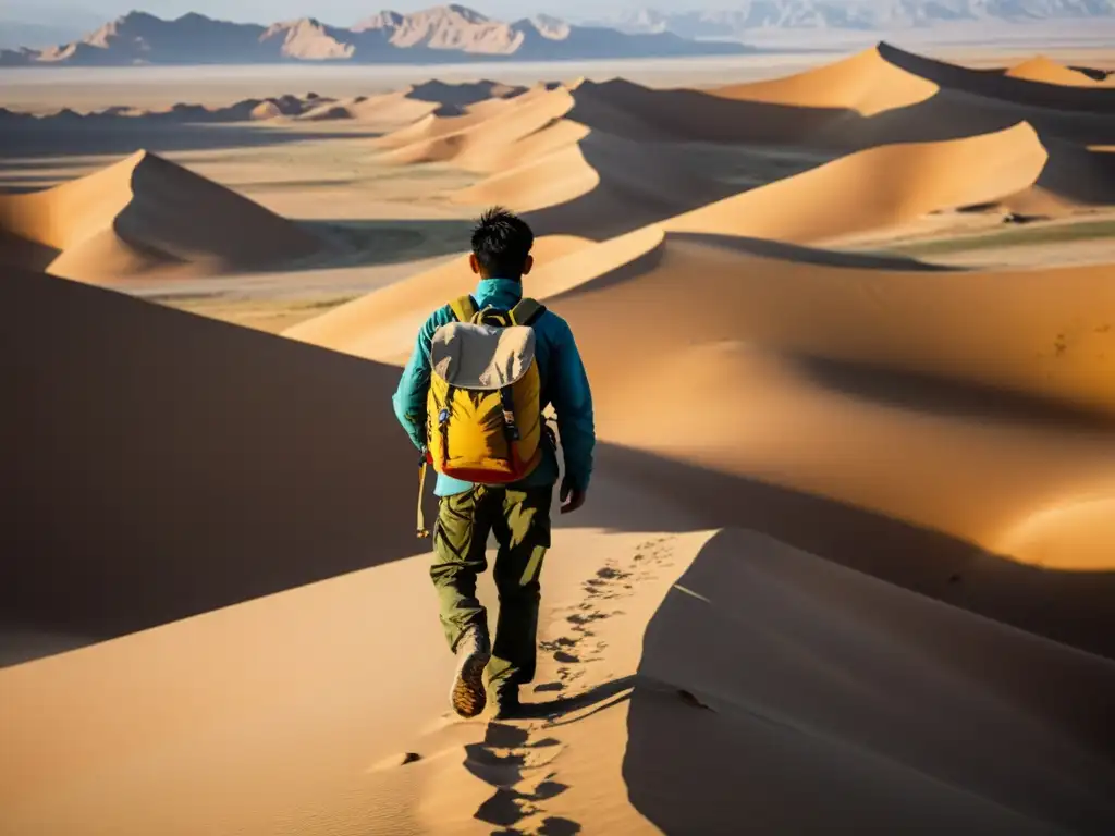 Aventura en el Desierto de Gobi: Viajero Solitario Un viajero intrépido explora el árido desierto del Gobi, transmitiendo determinación y aventura