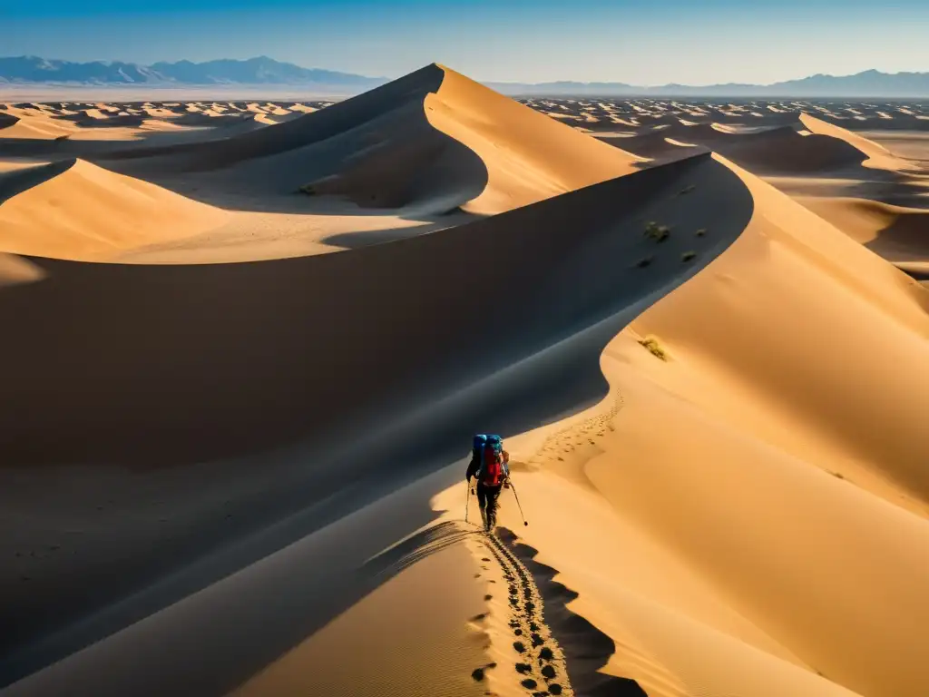 Travesía solitaria en el deslumbrante desierto de Gobi Un viajero intrépido enfrenta el desierto del Gobi, con sus dunas ondulantes y un cielo azul claro