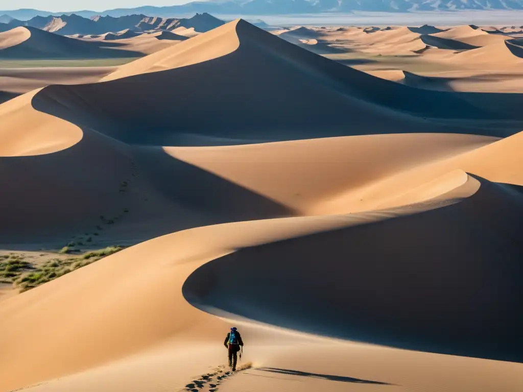 Desierto del Gobi: Eterna soledad y belleza Un viajero intrépido camina por el vasto y árido paisaje del desierto de Gobi, evocando un sentido de aventura y respeto por este entorno desafiante