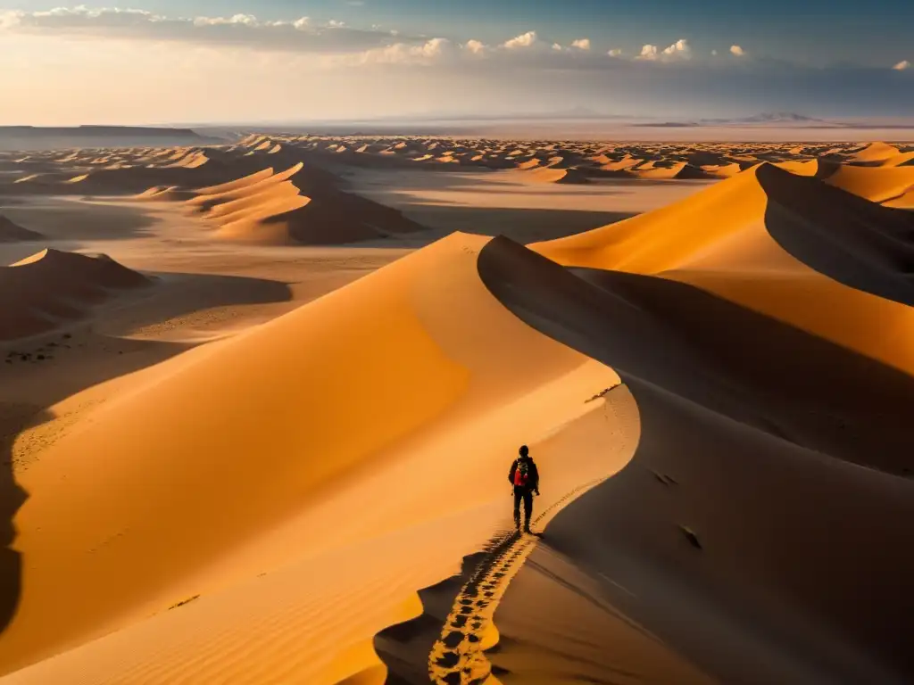 Explorador solitario en el Desierto de Gobi Un viajero solitario contempla la inmensidad dorada del desierto de Gobi al atardecer