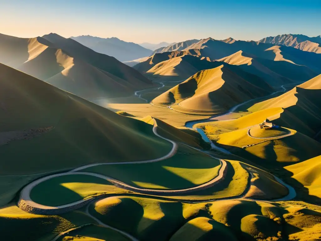 Vías comerciales secundarias mongoles: antigua ruta comercial entre montañas con caravanas y marcadores de piedra al amanecer