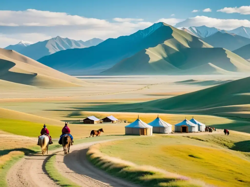 Vías comerciales secundarias mongoles: Caravana de comerciantes y caballos en paisaje abierto al atardecer