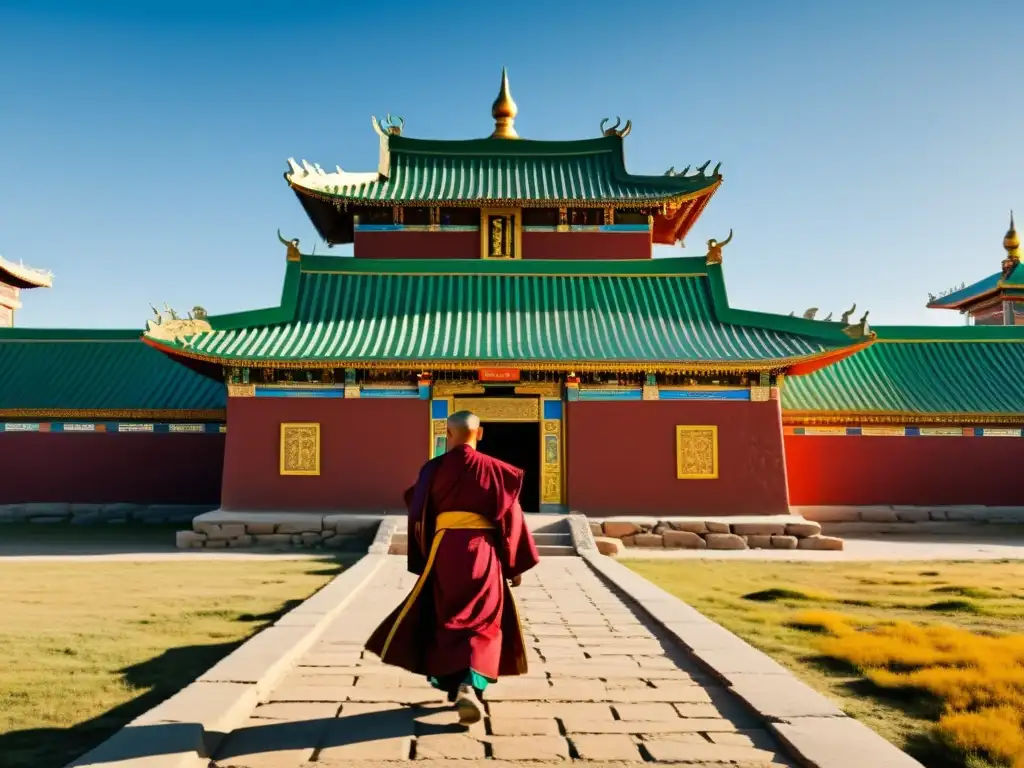 Vibrante arte y arquitectura del Monasterio Erdene Zuu en Mongolia, con monjes y paisaje del Imperio Mongol: Historia y legado