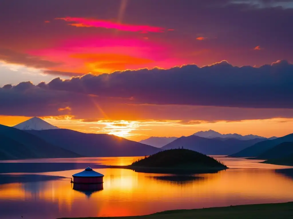 Vibrante atardecer en el Lago Khövsgöl con yurta