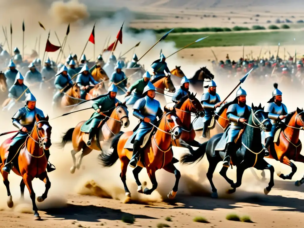 Vibrante representación de la Batalla clave del Imperio Mongol, con caos y combate en el campo de batalla, destacando la intensidad y estrategia