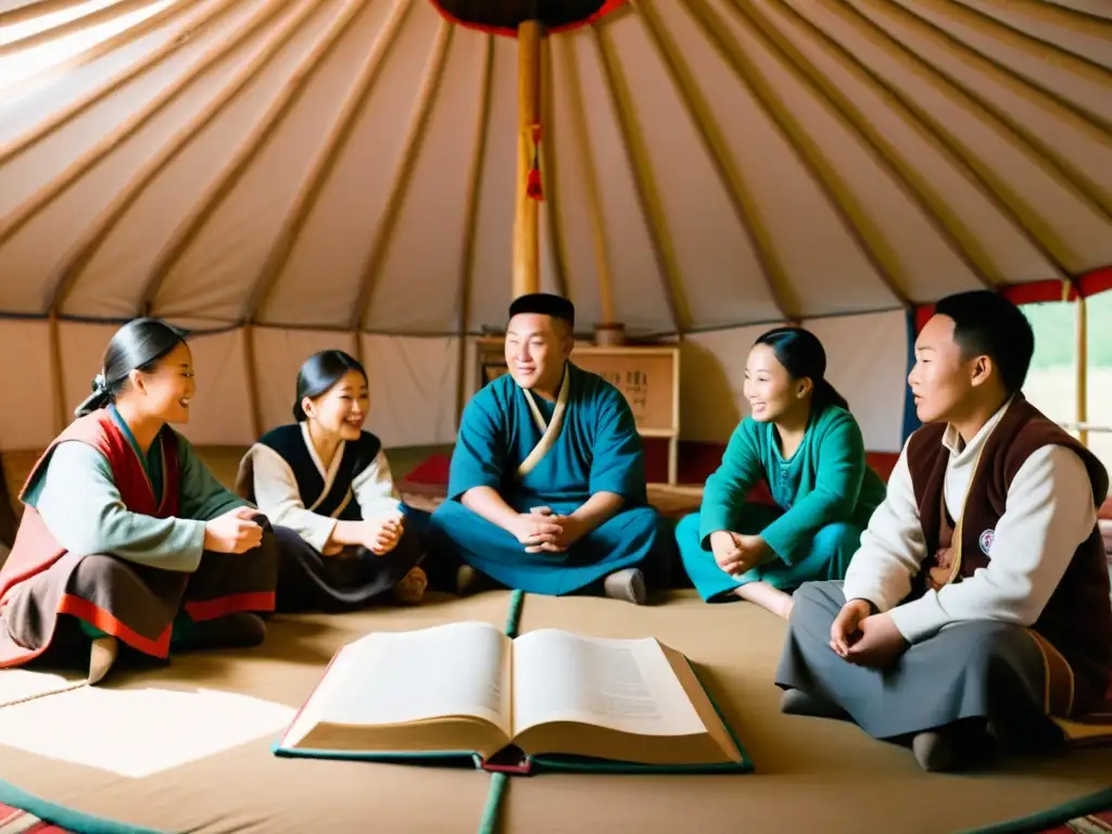 Vibrante clase de idioma mongol en yurta, alumnos y maestro inmersos en la enseñanza del idioma mongol Imperio