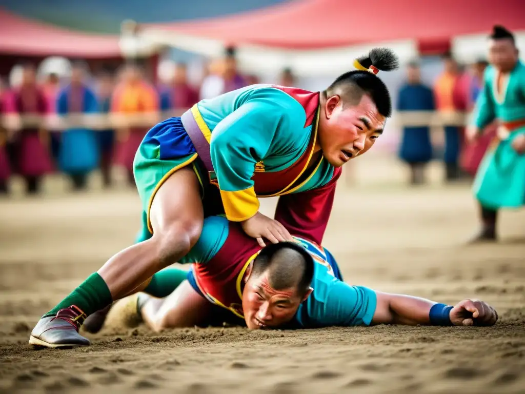 Vibrante competencia de lucha mongola en el Naadam, reflejando el origen y tradiciones del evento con intensidad y colorido