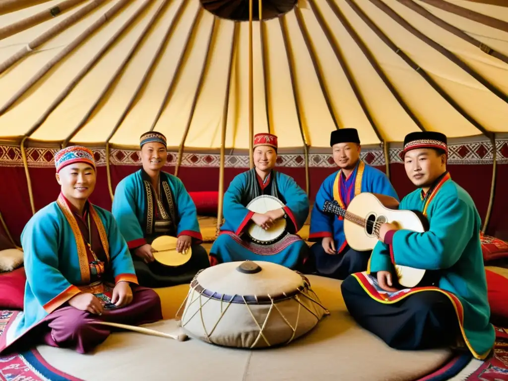 Un vibrante encuentro de músicos de Mongolia y Europa del Este en una yurta tradicional, fusionando influencias culturales mongolas en Europa