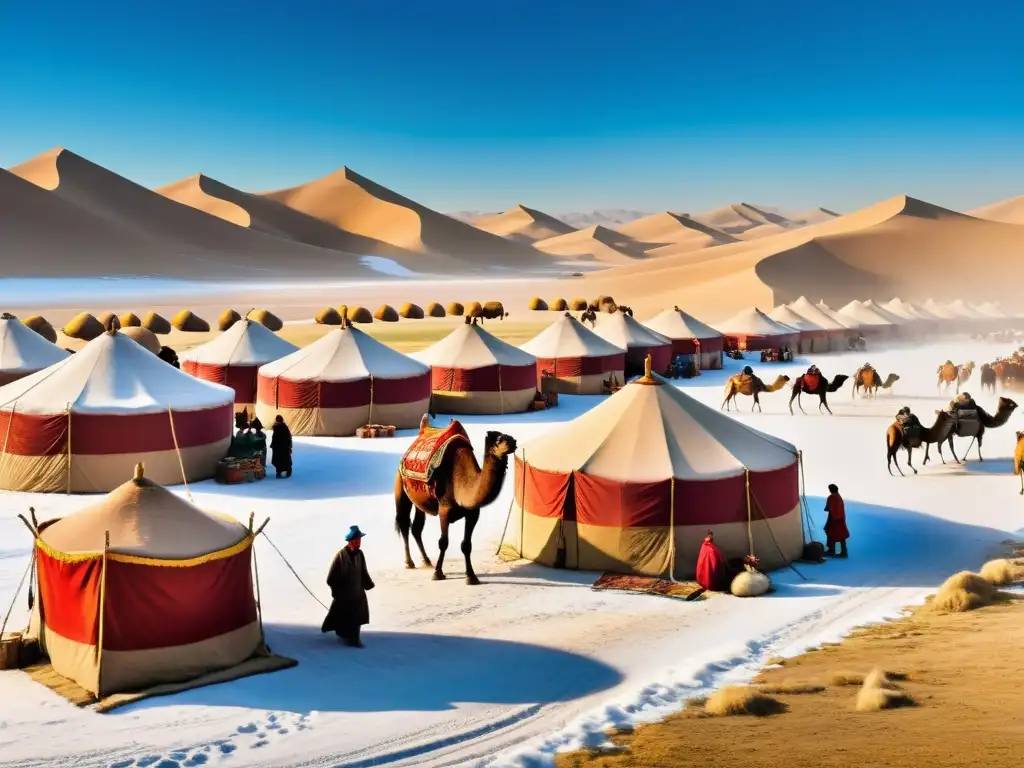 Vibrante escena en una bulliciosa feria comercial en el Imperio Mongol, con caravanas de camellos y la vasta estepa mongola al fondo bajo cielo azul