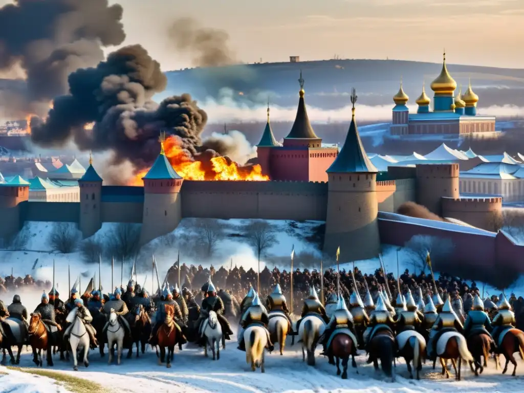 Vibrante escena de la conquista de Kiev por mongoles, con guerreros a caballo y la ciudad en el fondo, evocando la intensidad histórica