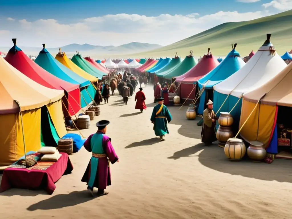 Vibrante escena de intercambios culturales entre mongoles y europeos en bullicioso mercado lleno de coloridas tiendas y mercancías