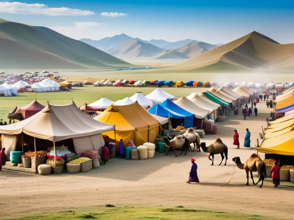 Vibrante escena de mercado en el Imperio Mongol, con comerciantes, camellos y productos en la estepa