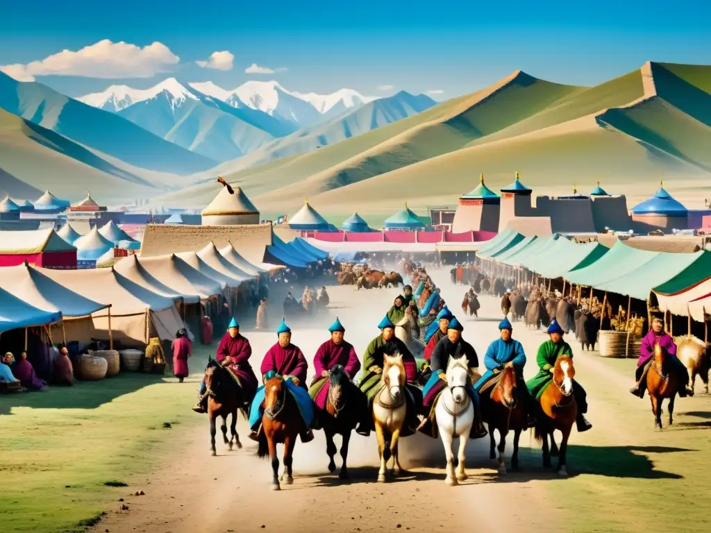 Vibrante escena de mercado del Imperio Mongol, con comerciantes a caballo intercambiando bienes, mostrando la circulación de monedas Imperio Mongol