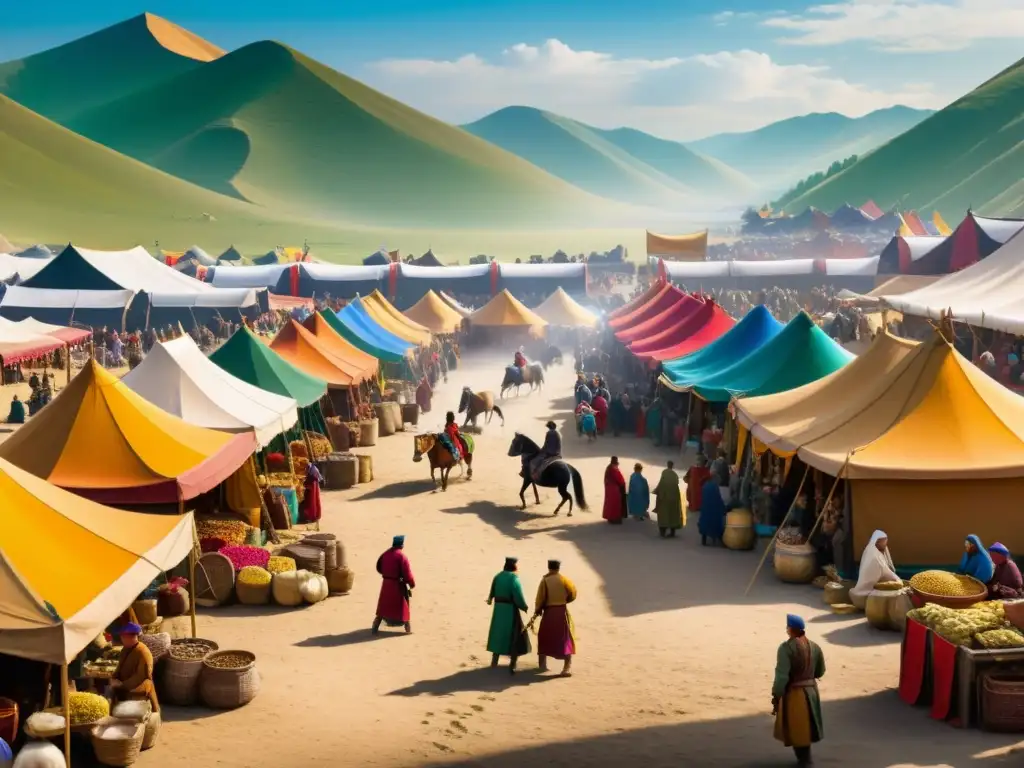 Vibrante escena de mercado medieval con comercio global en el Imperio Mongol