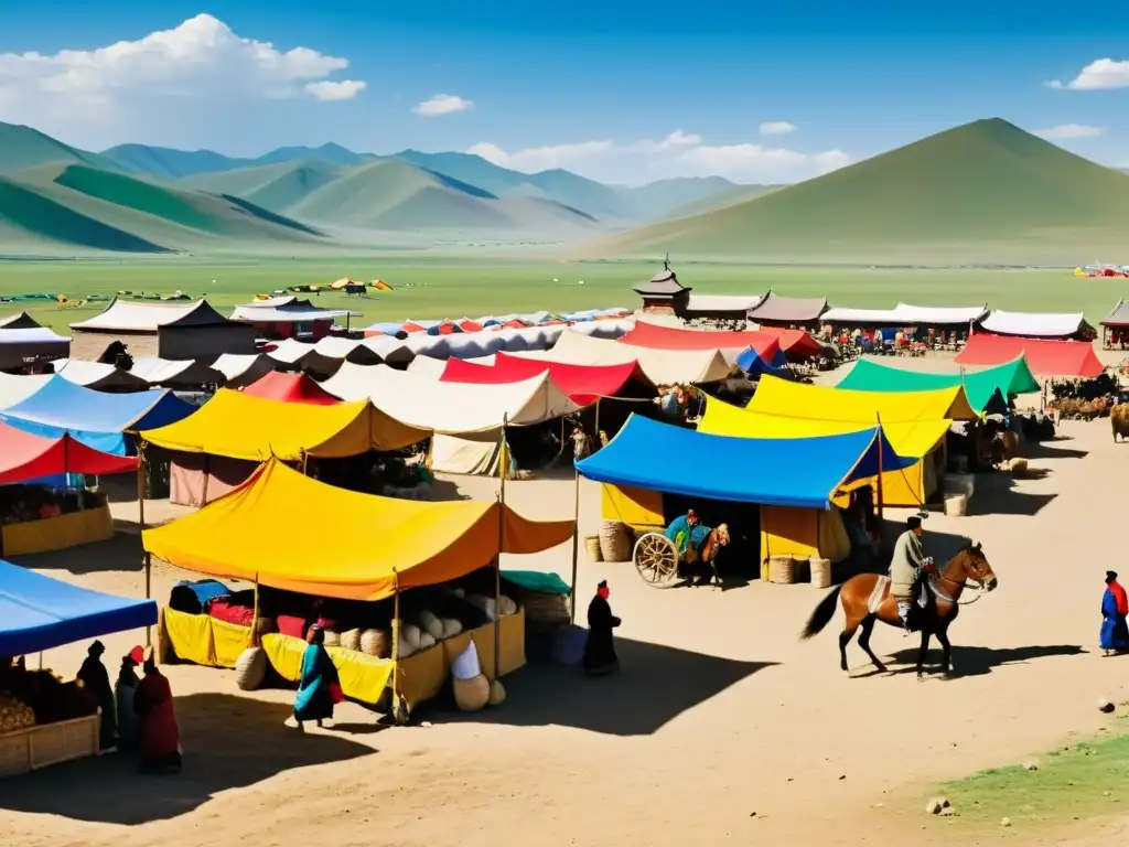 Vibrante escena de mercado en la Mongolia antigua, resaltando la importancia del sistema de correos mongol en el ajetreo comercial