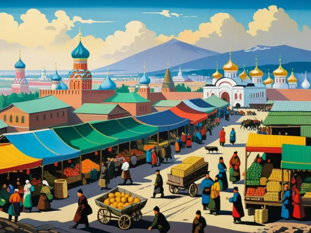 Mercado ruso vibrante: resurgimiento tras la dominación mongola Vibrante escena de mercado en Rusia, reflejando la recuperación de territorios tras dominio mongol, con colores ricos y vitalidad en la pintura