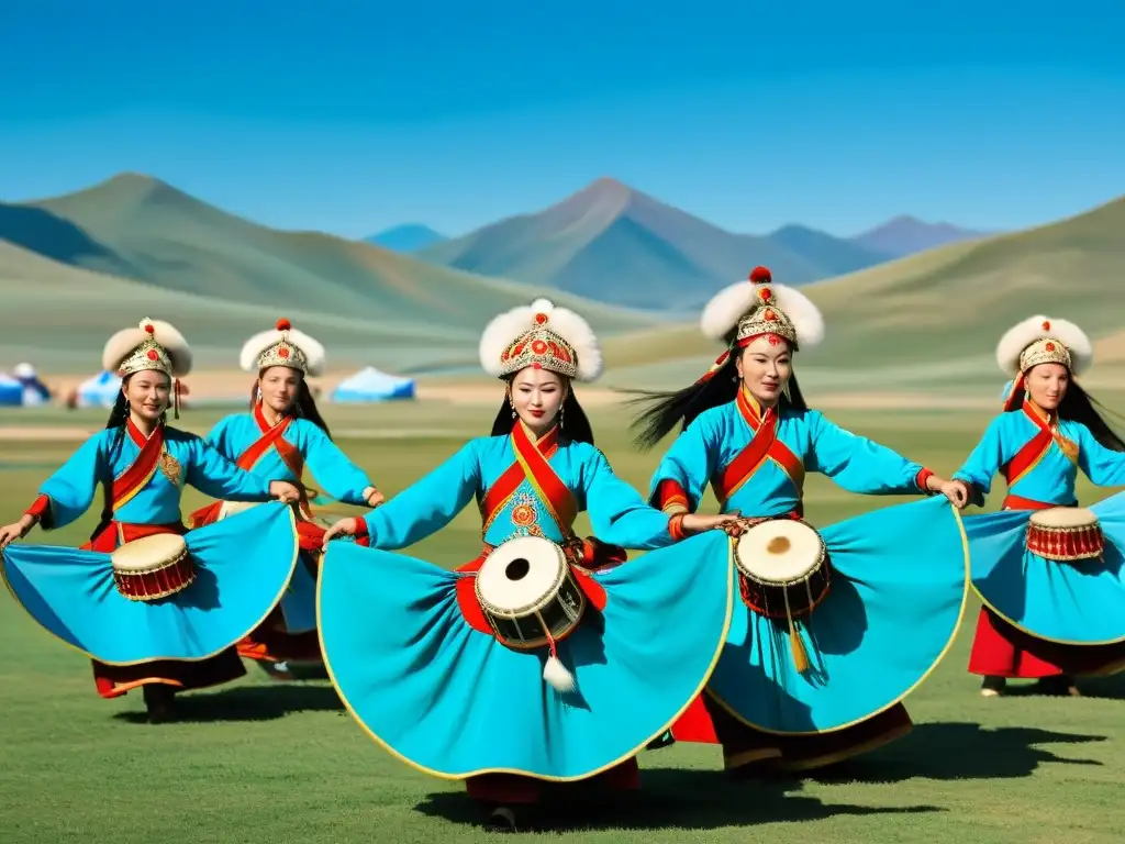 Un vibrante espectáculo de músicos y bailarines mongoles en un festival tradicional, con trajes coloridos y paisajes impresionantes