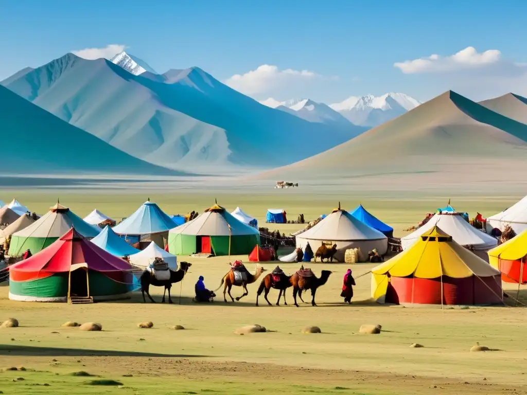 Vibrante Feria del Camello en el desierto mongol, con tradición nómada, yurts y actividad comercial