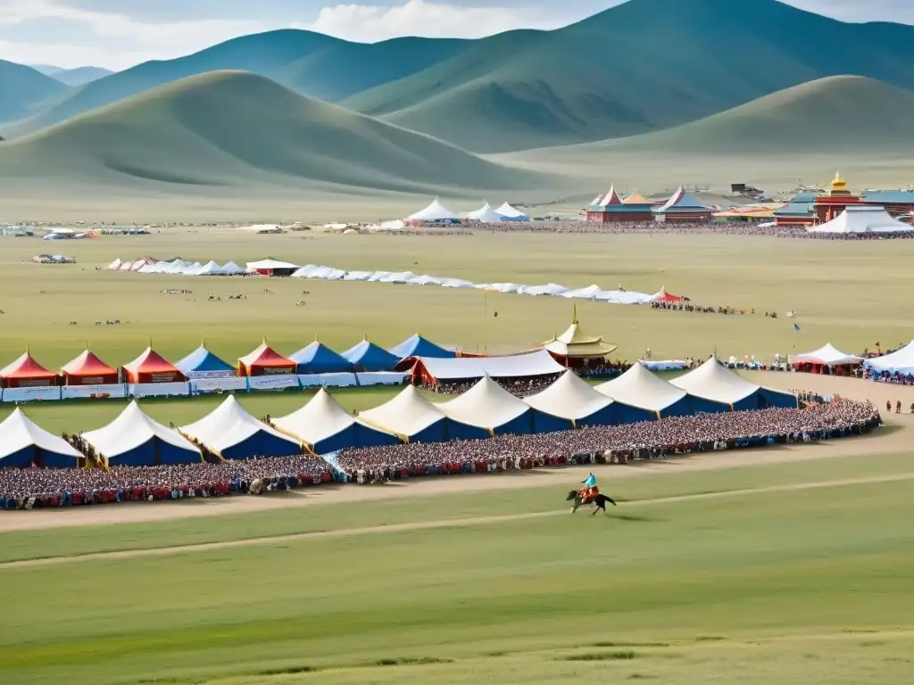 Vibrante Festival Naadam en Mongolia, con colores tradicionales, carreras de caballos y energía cultural en paisaje grandioso