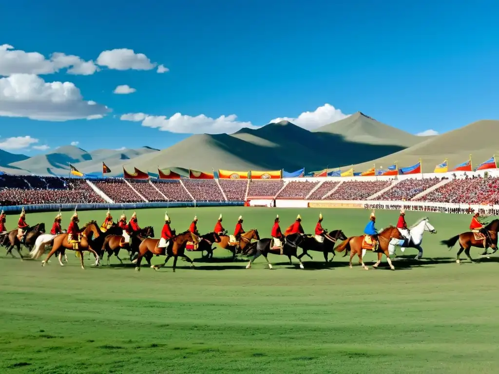 Vibrante festival Naadam en Mongolia, con colores tradicionales, danzas y música