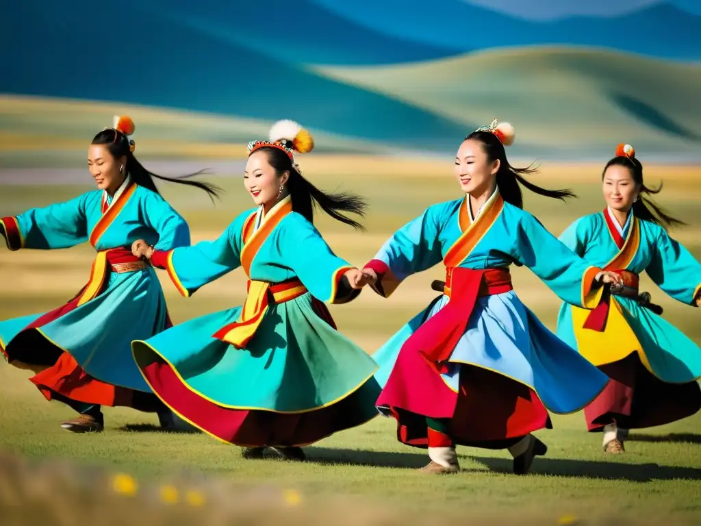 Vibrante festival de danzas y músicos tradicionales del Imperio Mongol en la vasta estepa, transmitiendo energía y riqueza cultural