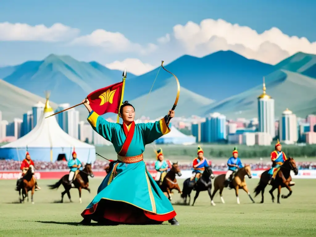 Vibrante Festival Naadam en Mongolia, tradición y modernidad se fusionan en la imagen de deportes tradicionales y la ciudad