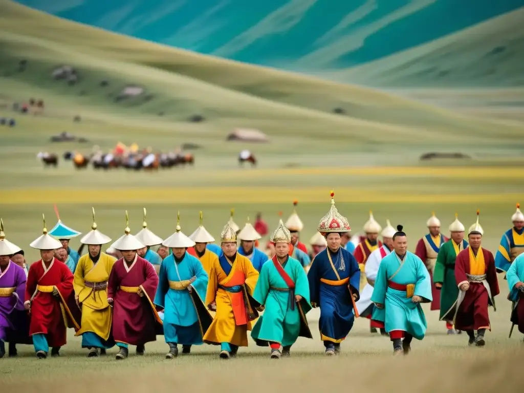 Vibrante festival religioso en el Imperio Mongol: monjes y fieles vistosamente ataviados recorren la majestuosa pradera rodeada de montañas